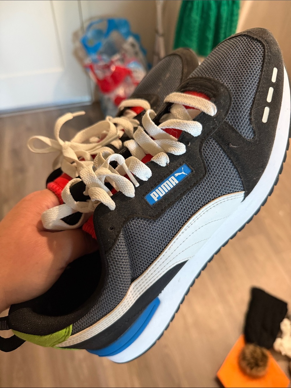 Puma Gray, White & Blue Mesh Athletic Sneakers with Red and Green Accents